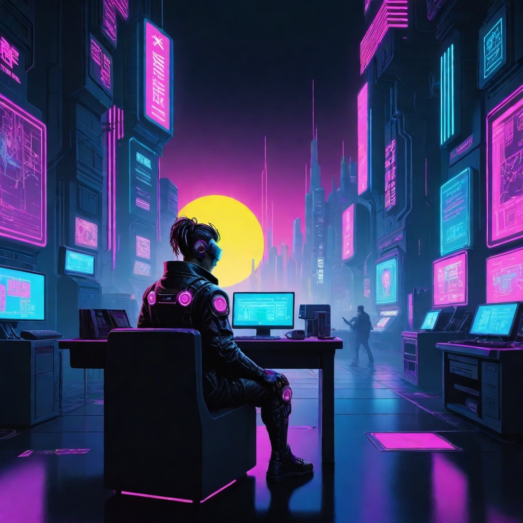 A futuristic scenario with a man in front of his computer.